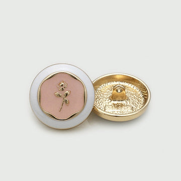 Pink round metal shank buttons with rose floral design, gold rim, 12 pcs