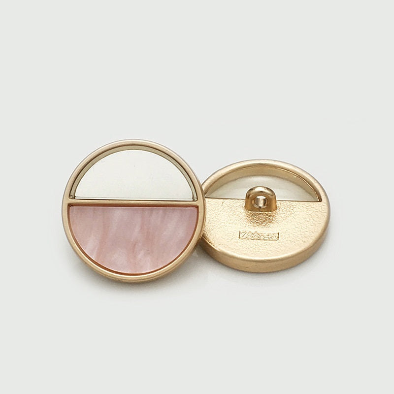 Round dual-tone pink/white gold metal shank button, back view, set of 12