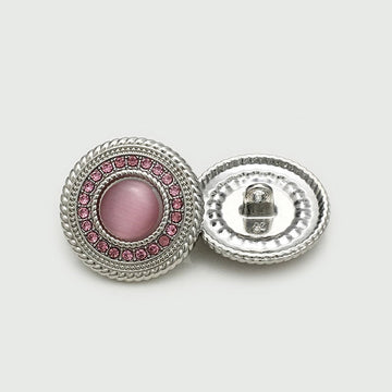 Round pink-silver metal shank buttons, lace design with rhinestone border, 2 shown