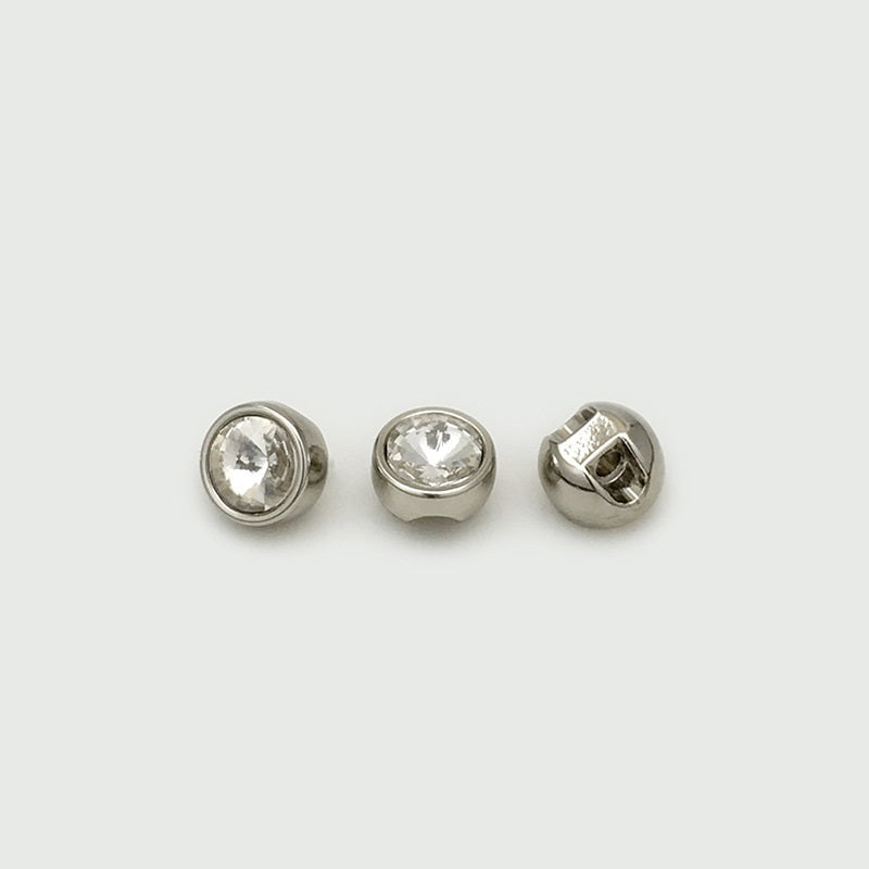 Silver metal shirt button with round rhinestone, concealed hole (20 pcs)