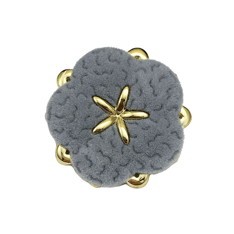 Velvet floral button, dark gray with gold star center and four metal shanks