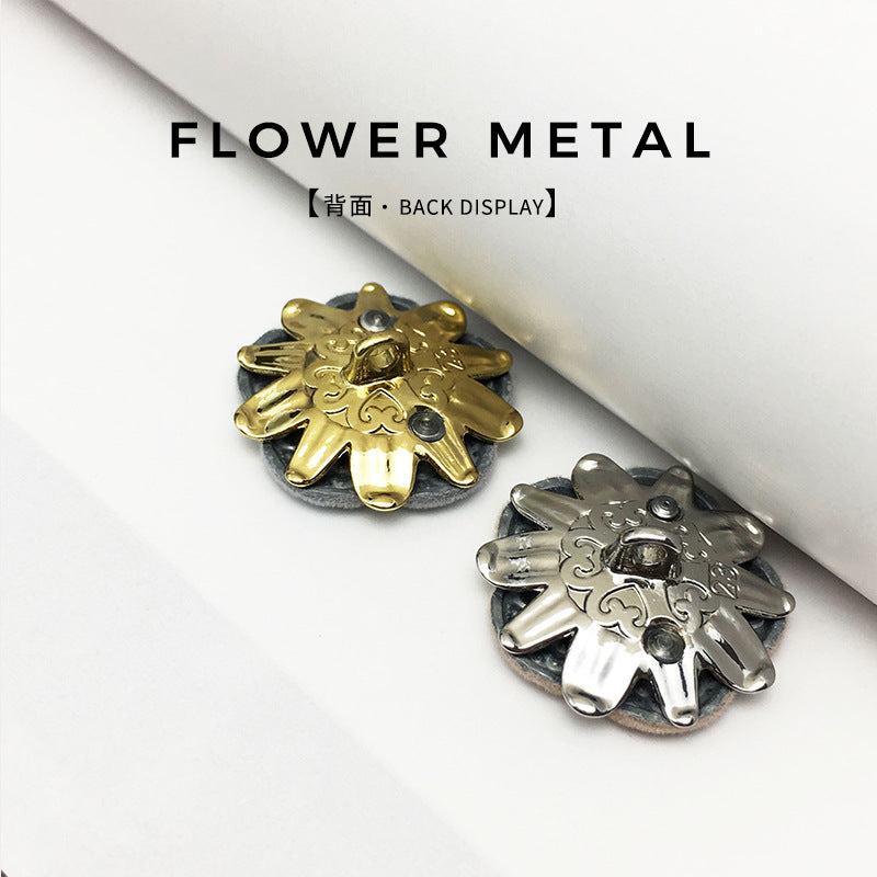 Backs of floral velvet buttons with metal shanks, gold and silver flower designs