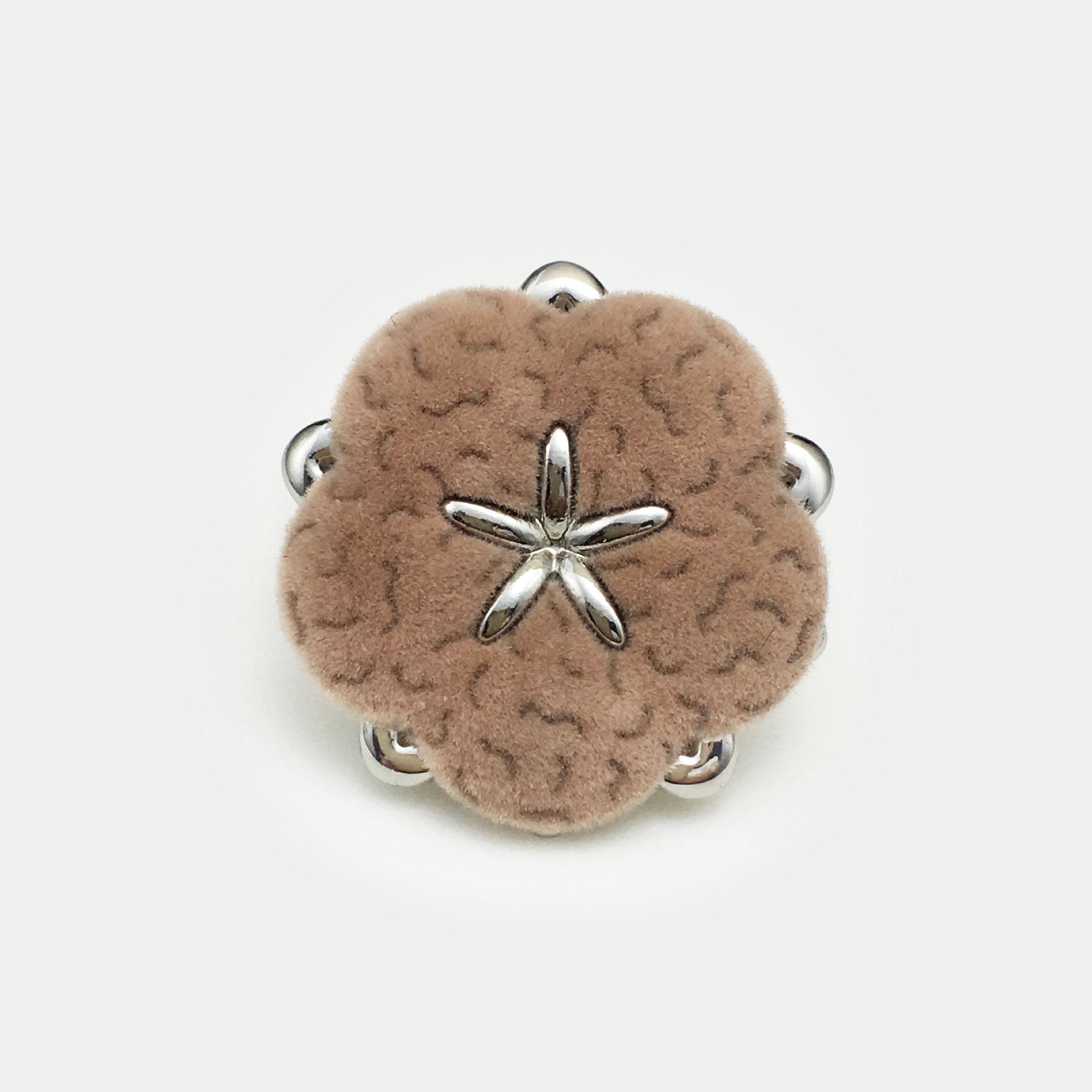 Velvet floral button, coffee-brown with silver star center and four metal shanks