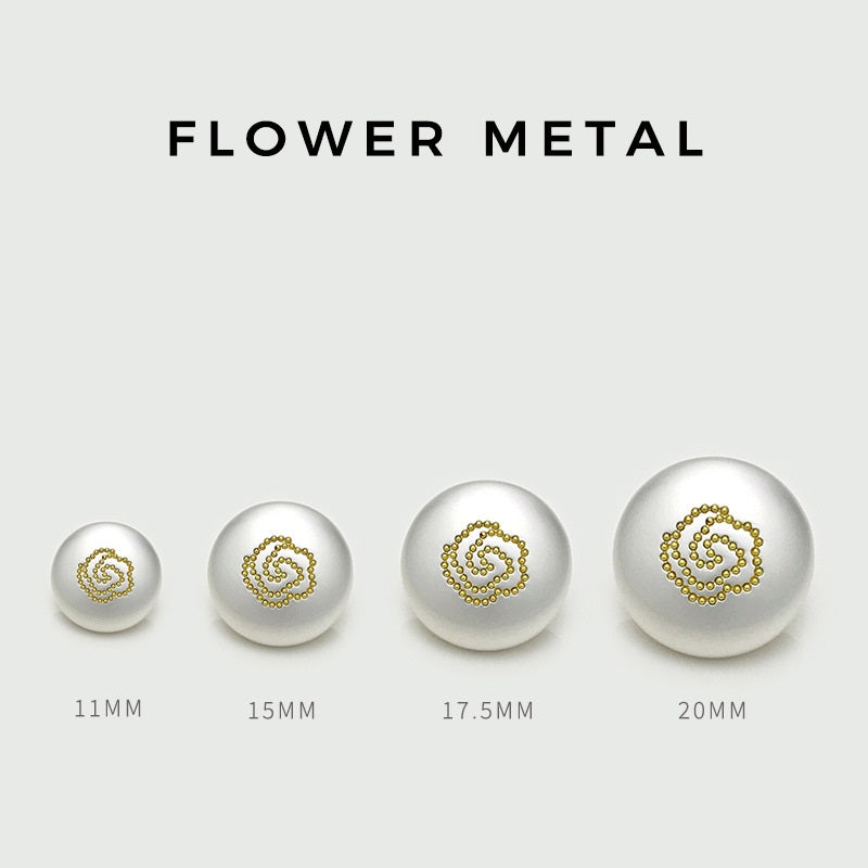 Rose metal mushroom buttons in silver finish, beaded swirl, sizes 11–20mm shown