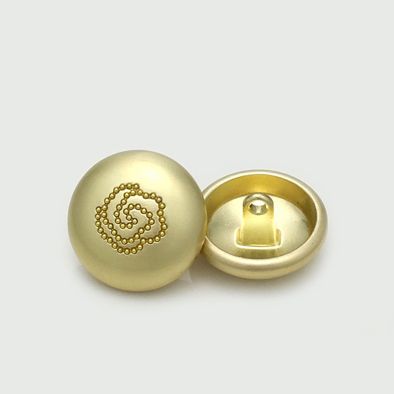 Matte gold rose metal mushroom button, back side with metal loop, beaded swirl