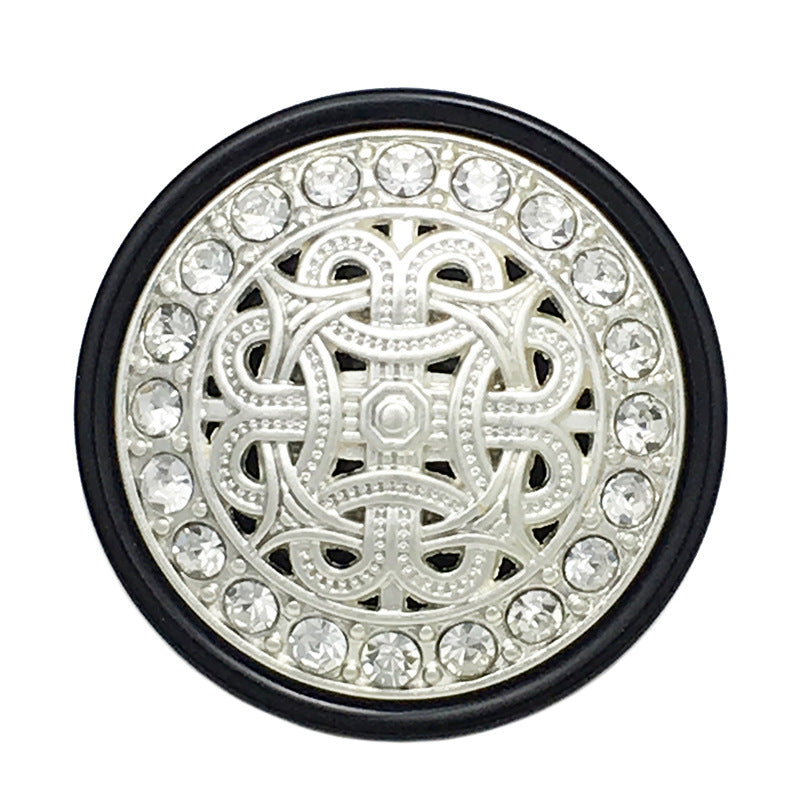 Black metal resin shank button, silver filigree center, rhinestone border, 25mm
