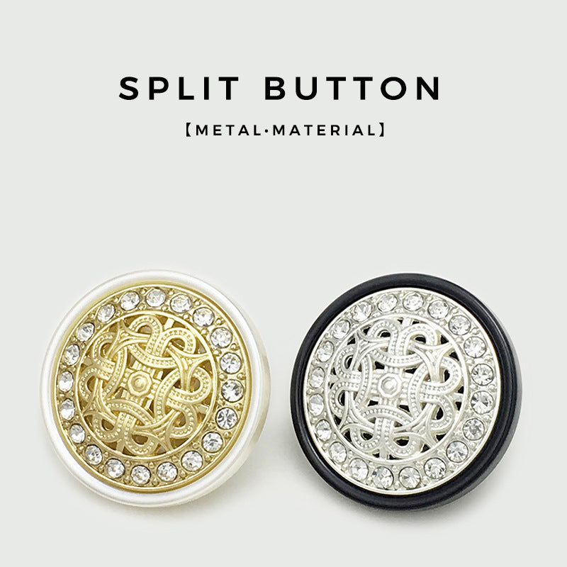 Split pair buttons: gold-white and silver-black, filigree center, rhinestone rim