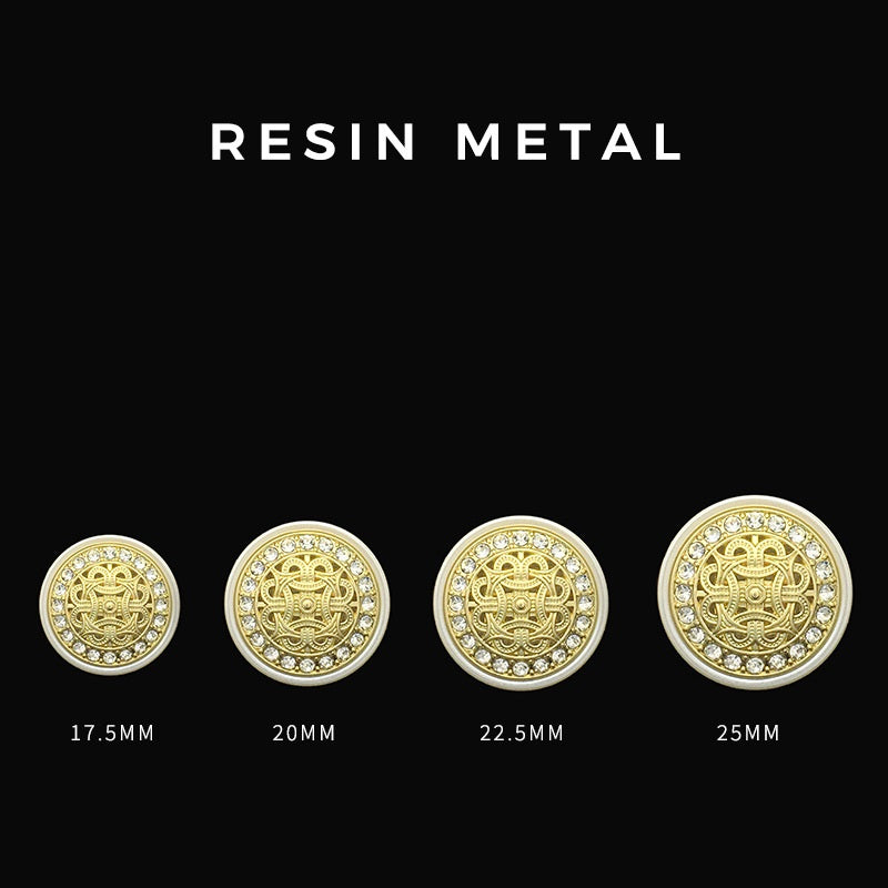 Resin metal shank buttons, gold filigree design with rhinestone border, assorted sizes