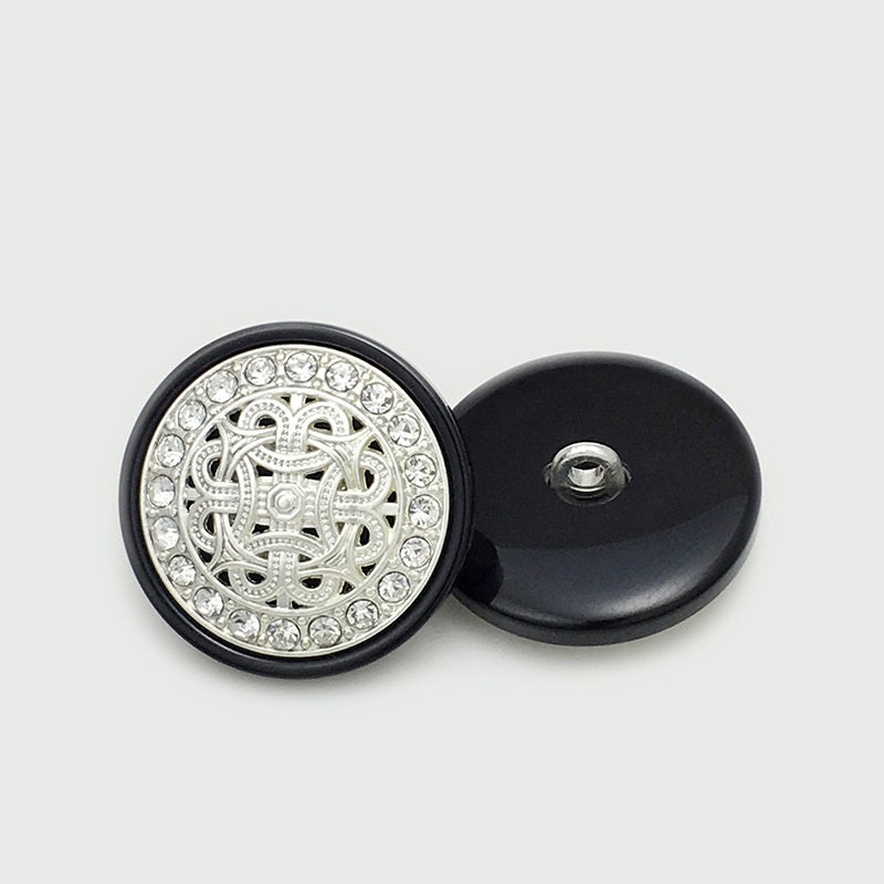 Silver-black resin shank button with rhinestone rim, backside with metal shank