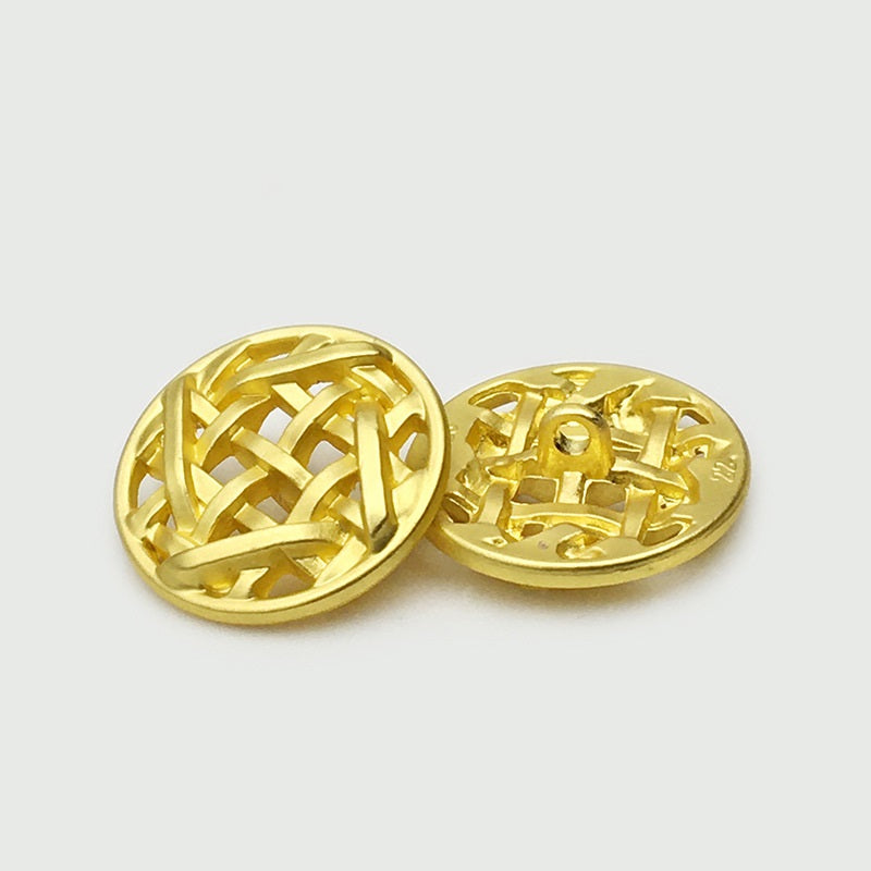 25mm round hollow grid sewing button, gold tone, front view with cross weave