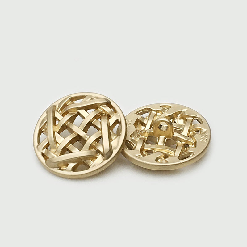 25mm round hollow grid sewing button, fog-gold tone, metal mesh front view