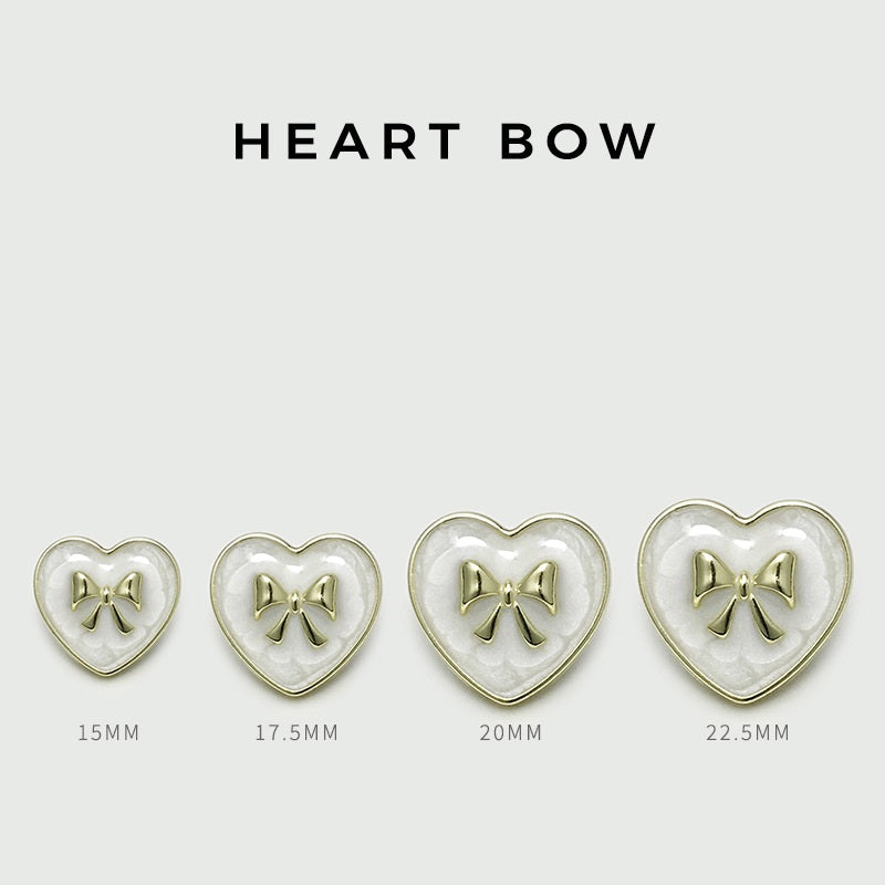 Heart bow metal buttons set, white hearts with gold bow and outline, 15–22.5mm