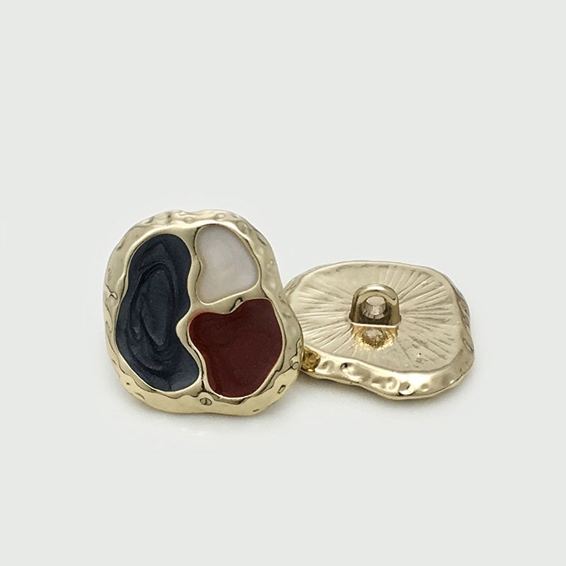 Style B metal shank button, enamel heart in dark navy, burgundy & cream on gold