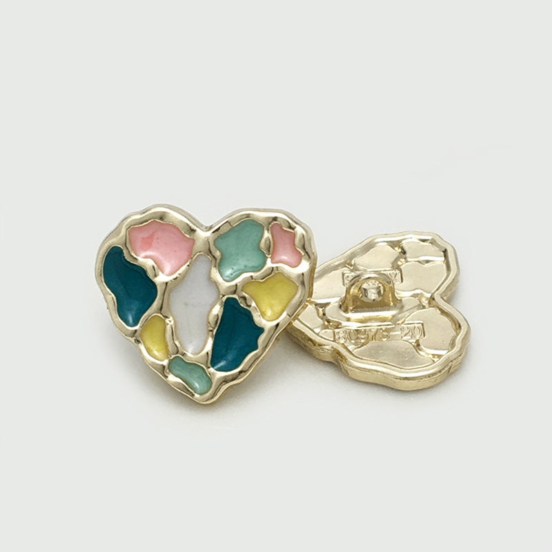 Style C metal shank button, enamel heart with teal, yellow, pink & white on gold