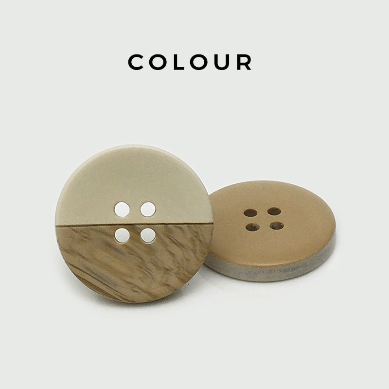 Round resin coat button, beige khaki dual-tone, four-hole front view