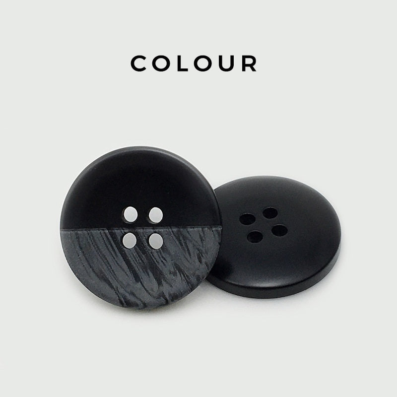 Round resin coat button, black-gray dual-tone, four-hole front view