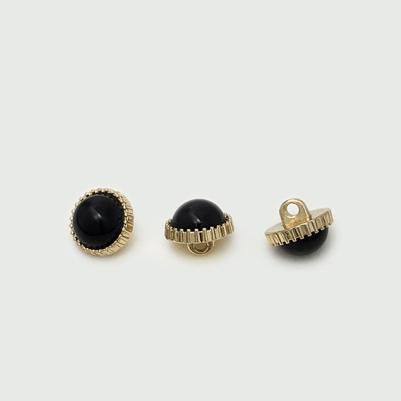 Black pearl round buttons with gold-tone rim and back shank, multiple views