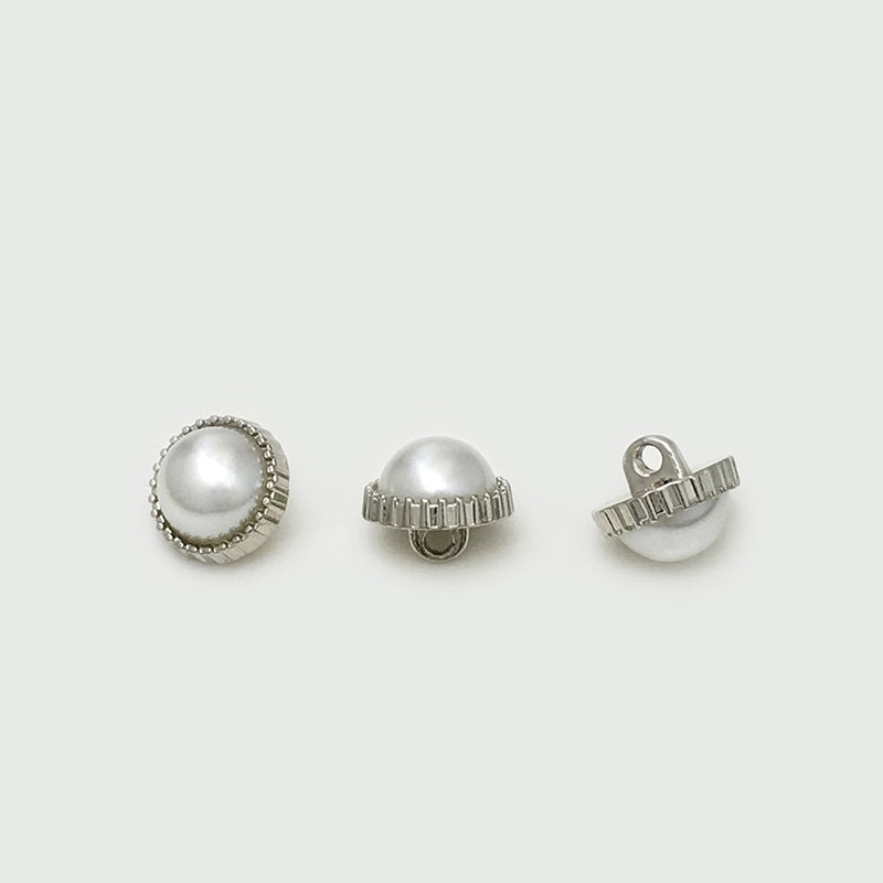 White pearl round buttons with silver-tone rim and back shank, multiple views