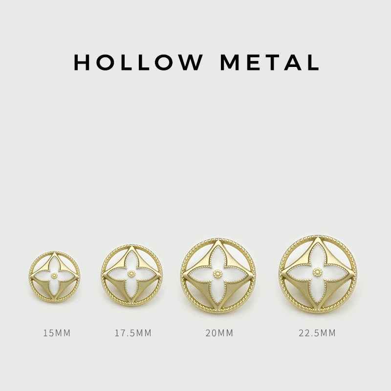 Round hollow metal clover buttons, gold tone, sizes 15mm–22.5mm