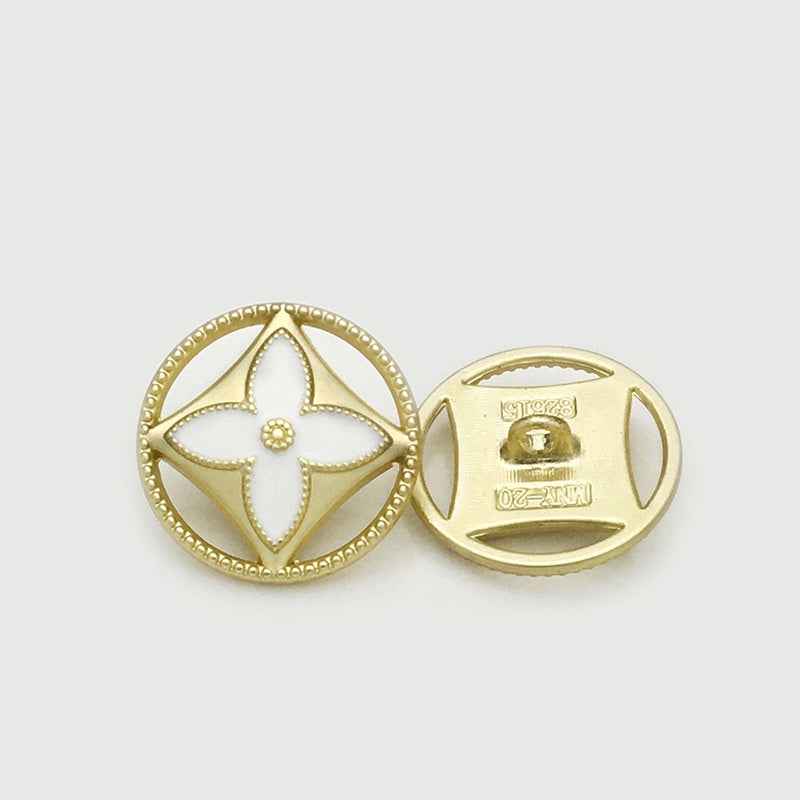 White inlay hollow clover button, gold round metal, front with back view