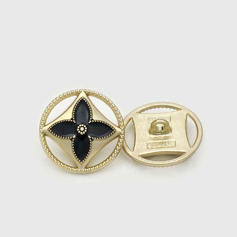 Black inlay hollow clover button, gold round metal, front with back view