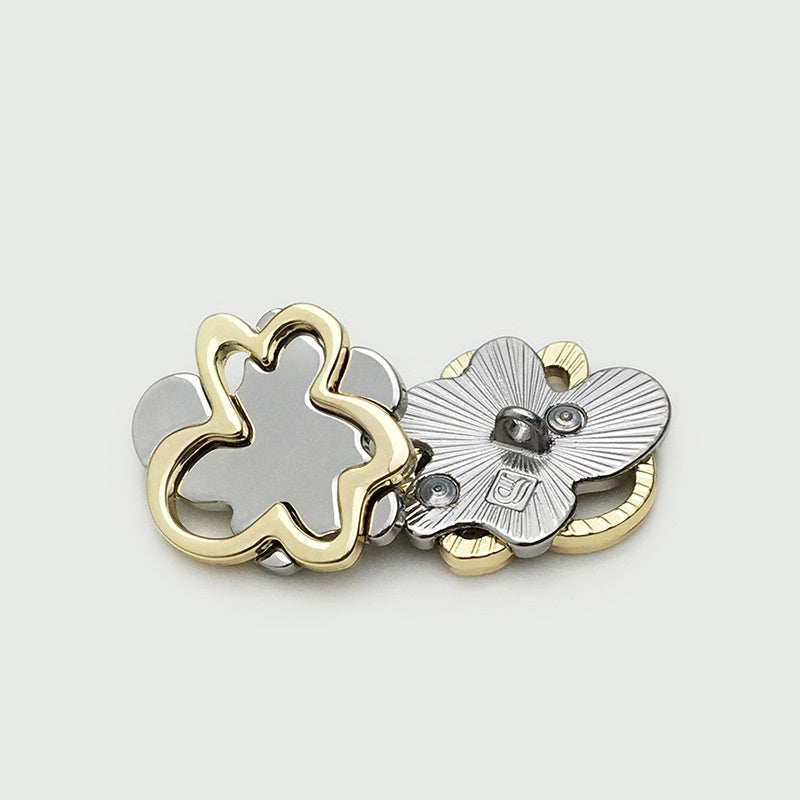 Gold-silver hollow metal button, irregular flower-clover design, shank