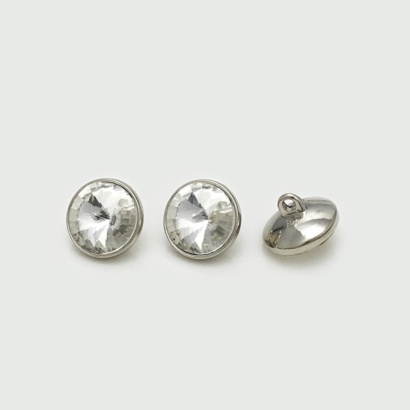 Silver-tone metal buttons with clear crystal fronts and silver shank backs