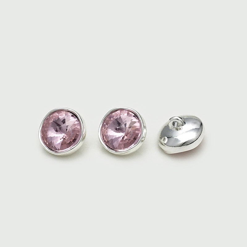 Pink crystal metal buttons with silver-tone shank backs and two front views