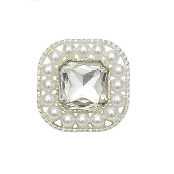Viereckiger Schmuckknopf mit Perlen und Strass, Metall-Schaft