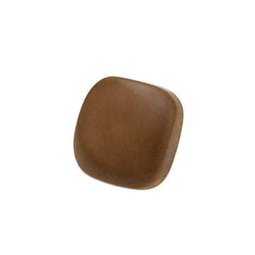 Brown square wood button with metal shank, front close-up