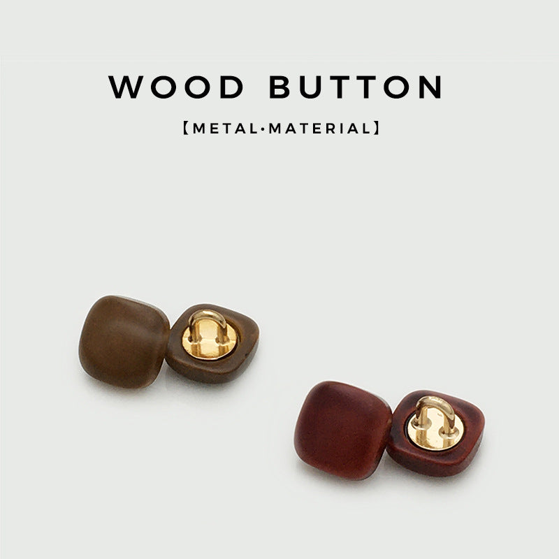 Brown & dark red square wood buttons with metal shanks, front view