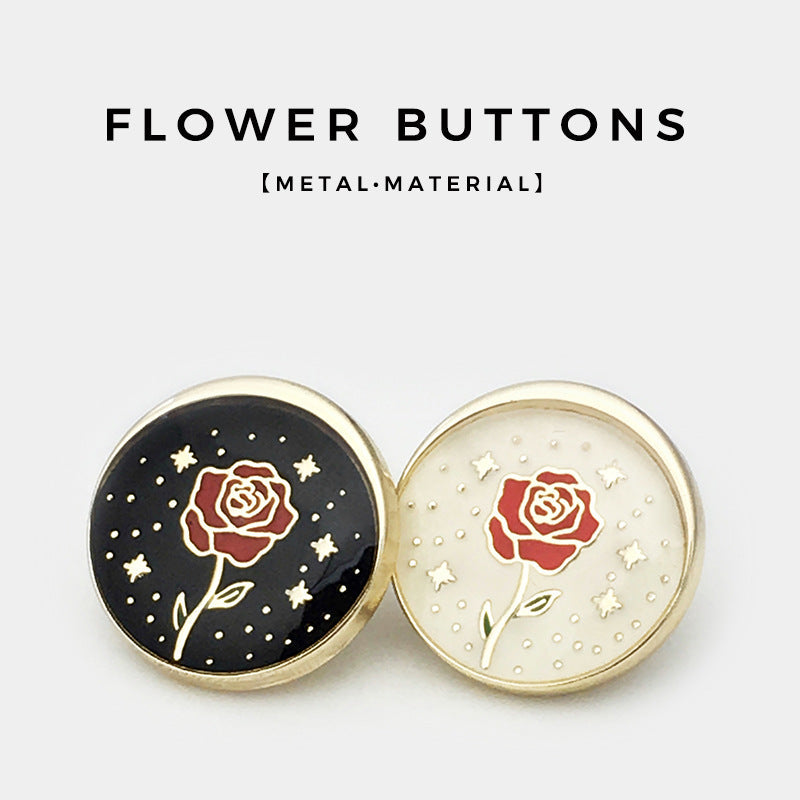 2 runde Rose-Metallknöpfe mit Stiel: schwarz und creme, mit roter Blume