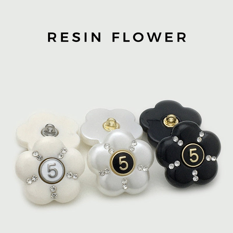 Set of resin flower buttons (white and black shown), number 5, rhinestone accents