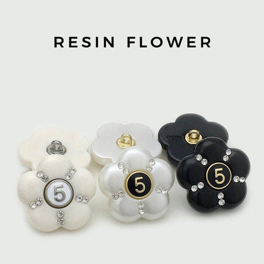 17.5/22.5mm Number 5 Black White Flower Diamond Resin Buttons 12pcs