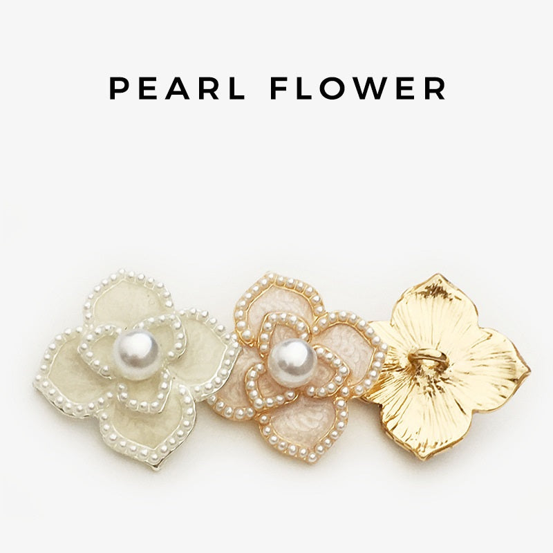 Set of flower pearl buttons: white, light pink, black, and beige with metal shanks