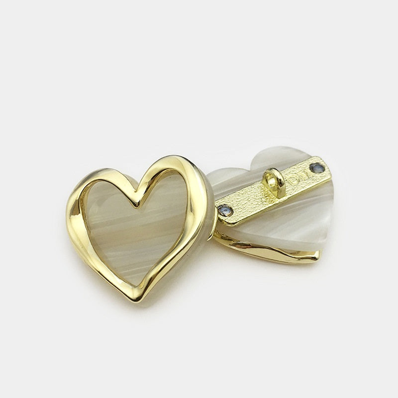 Gold heart-shaped decorative button back with two-hole metal shank and clip, 12mm