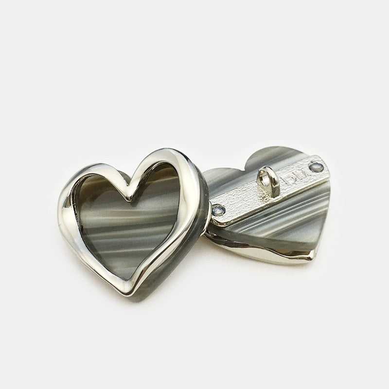 Silver heart-shaped resin metal decorative button back with two-hole metal shank, 12mm
