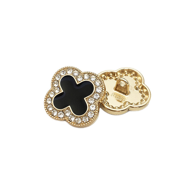 Clover diamond metal button, gold tone, black clover center, rhinestone border