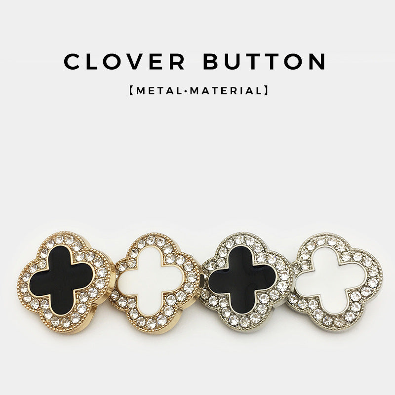 Set of clover diamond metal buttons, mixed gold/silver, black and white centers, rhinestones