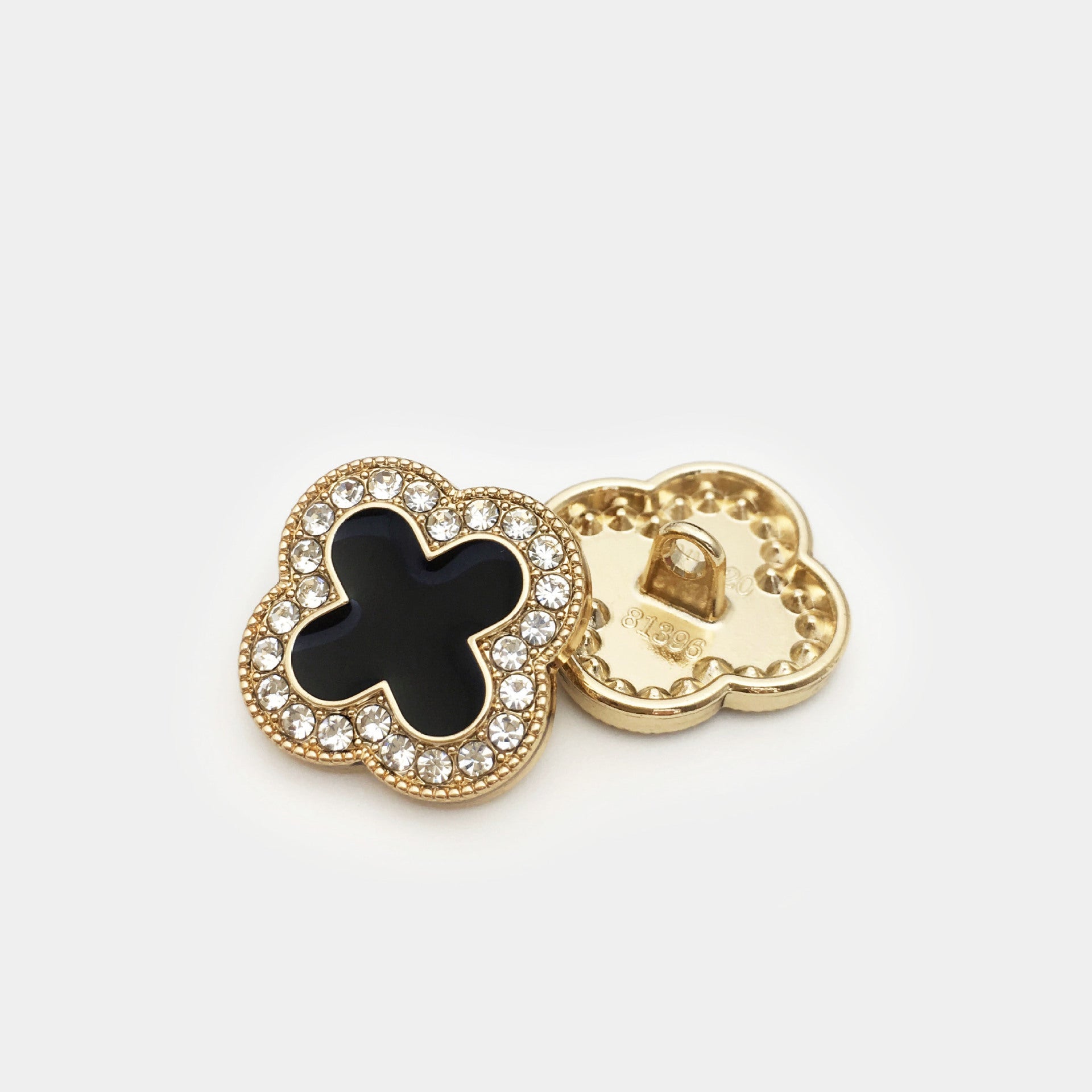 Clover diamond metal button, gold tone, black clover center, rhinestones, shank attachment