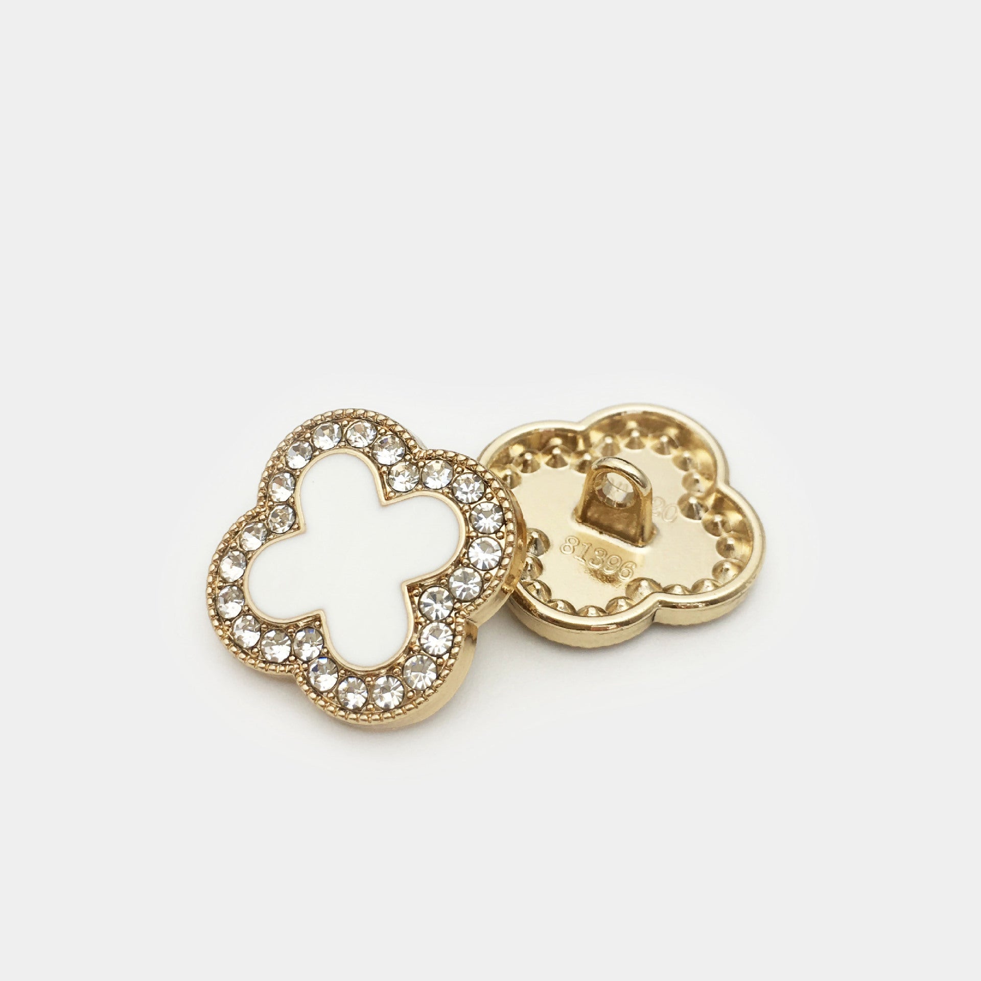 Clover diamond metal button, gold tone, white clover center, rhinestones, with shank