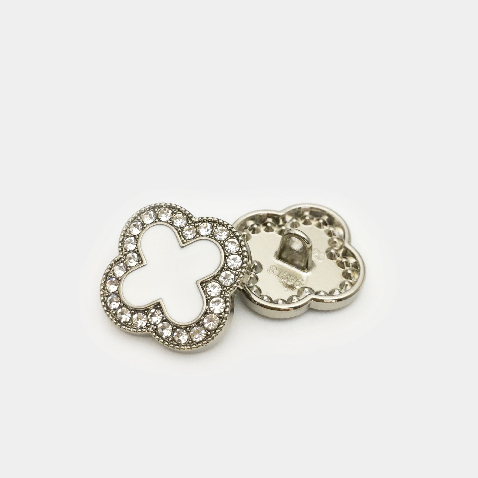 Clover diamond metal button, silver tone, white clover center, rhinestones, with shank