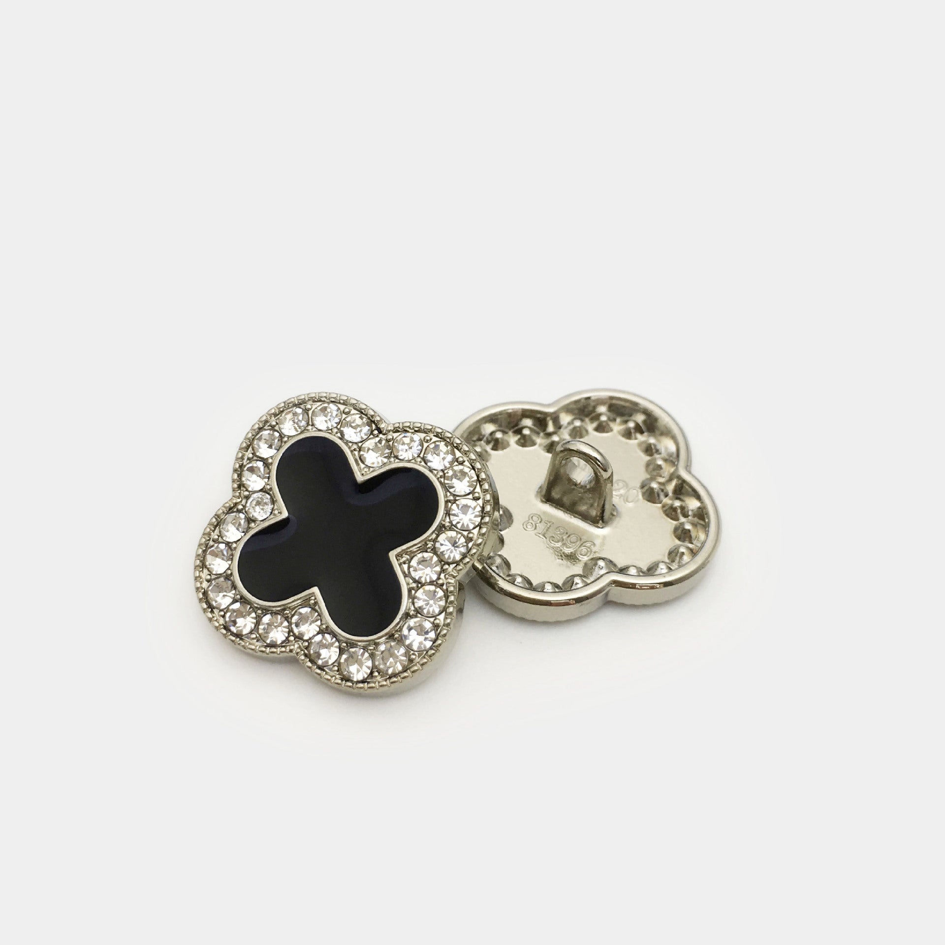 Clover diamond metal button, silver tone, black clover center, rhinestones, with shank