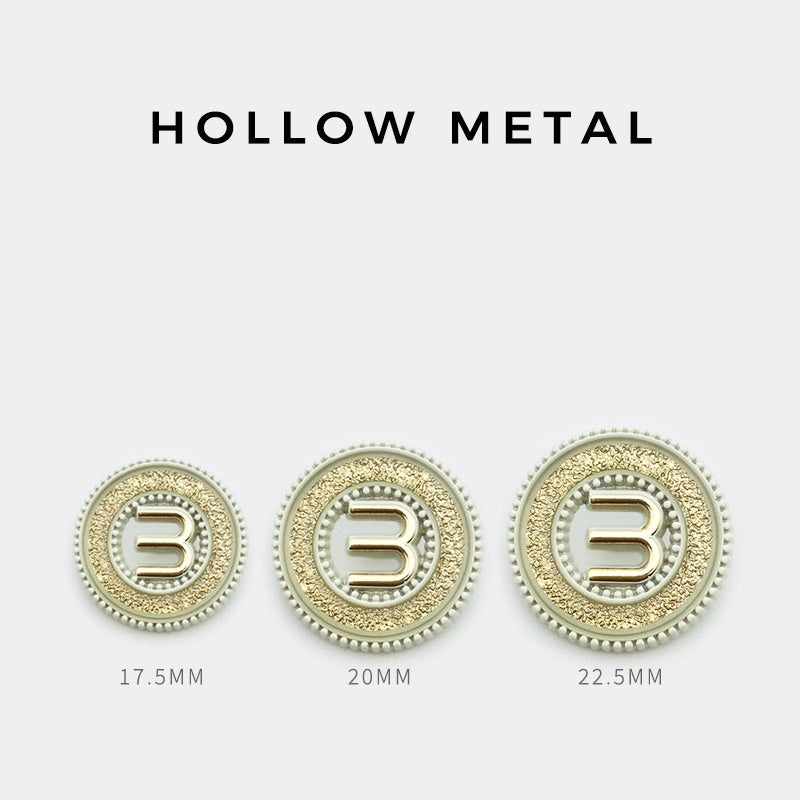 Ivory hollow metal button set with letter M, shank, sizes 17.5/20/22.5 mm
