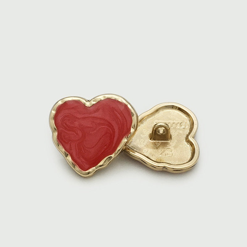 Heart-shaped enamel metal button set: red front with gold-tone back and 1-hole prong