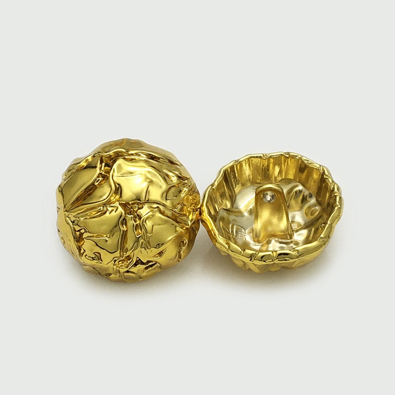 Gold mushroom pleated metal button pair: front with shank and underside view