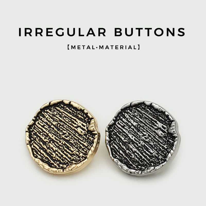Irregular round metal sewing buttons, gold and silver tones with striped texture