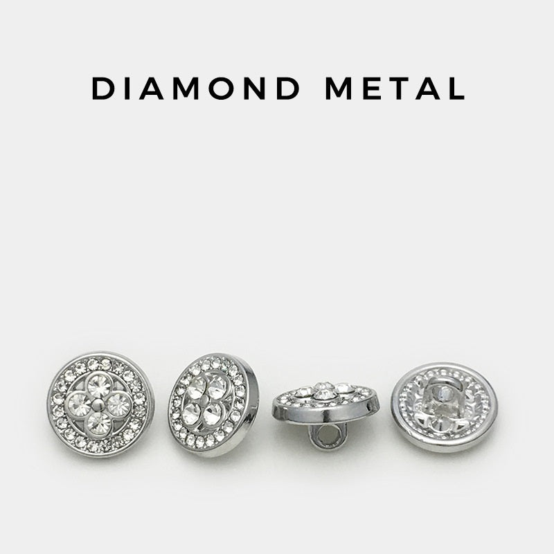 Silver round cufflinks set: front sides and back bar, clover rhinestone design
