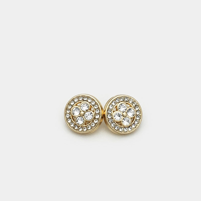 Gold round clover rhinestone cufflinks, two-piece front view