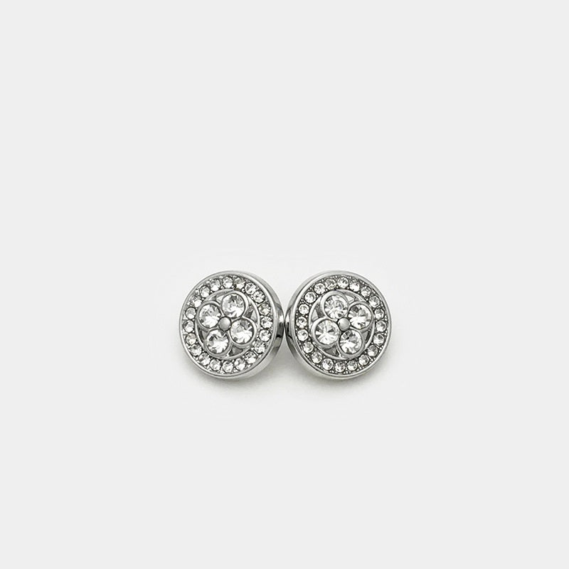 Silver round clover rhinestone cufflinks, pair front view